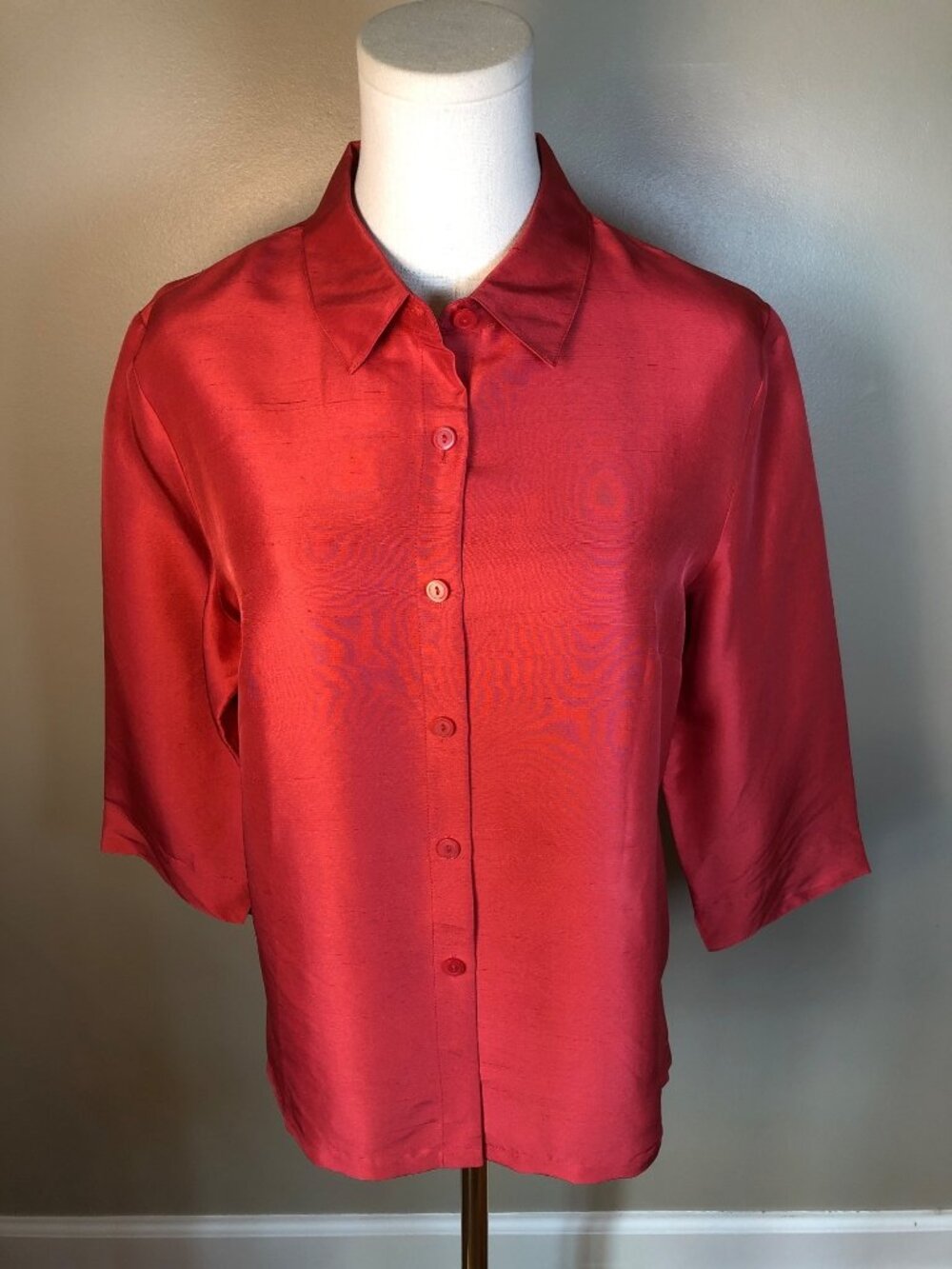 NWT Style & Co Petite 100% Silk Button Up Blouse Coral Sz 10P Vintage Minimalist